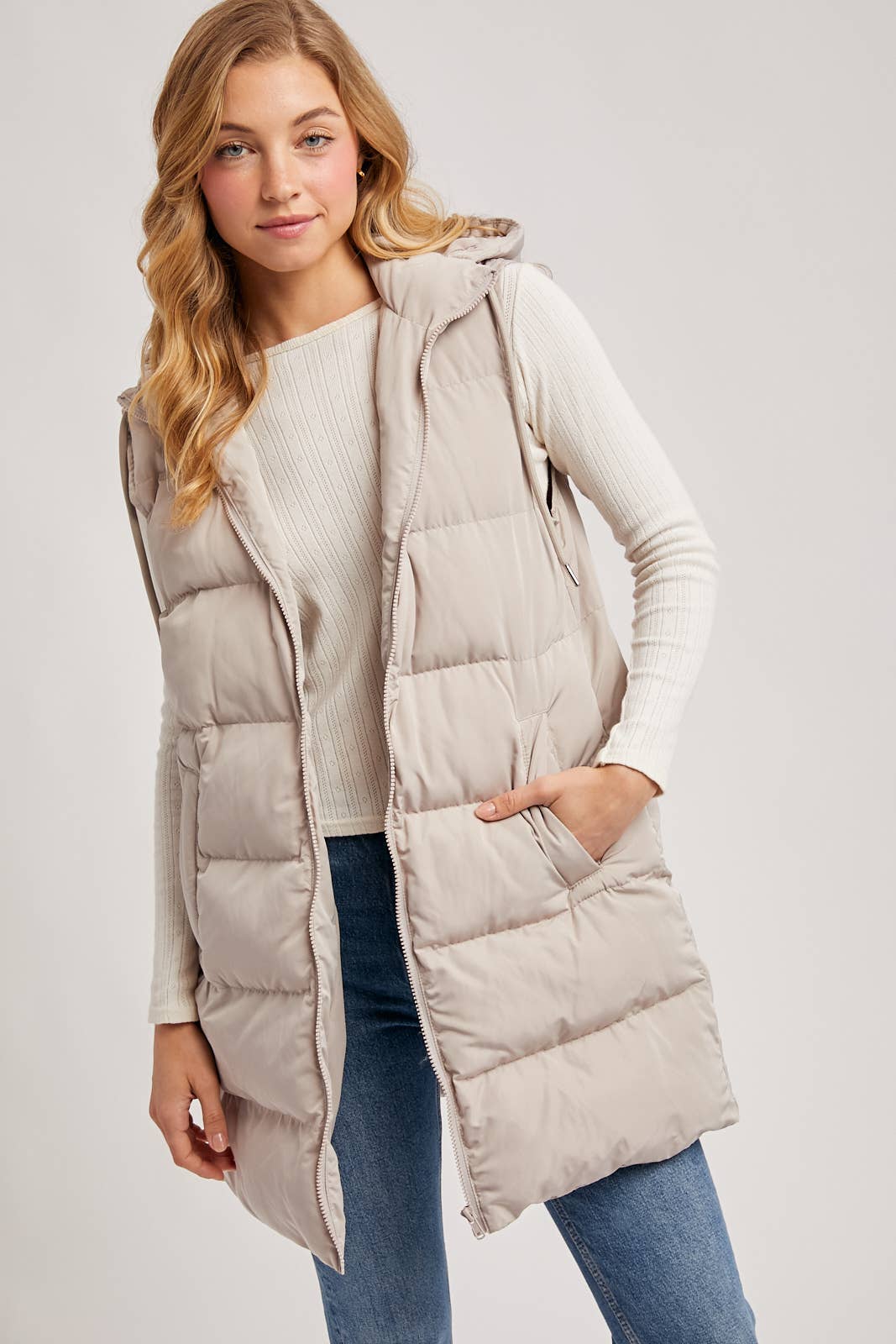 HOODED ZIPPER DOWN LONGLINE PUFFER VEST: CHOCOLATE / M