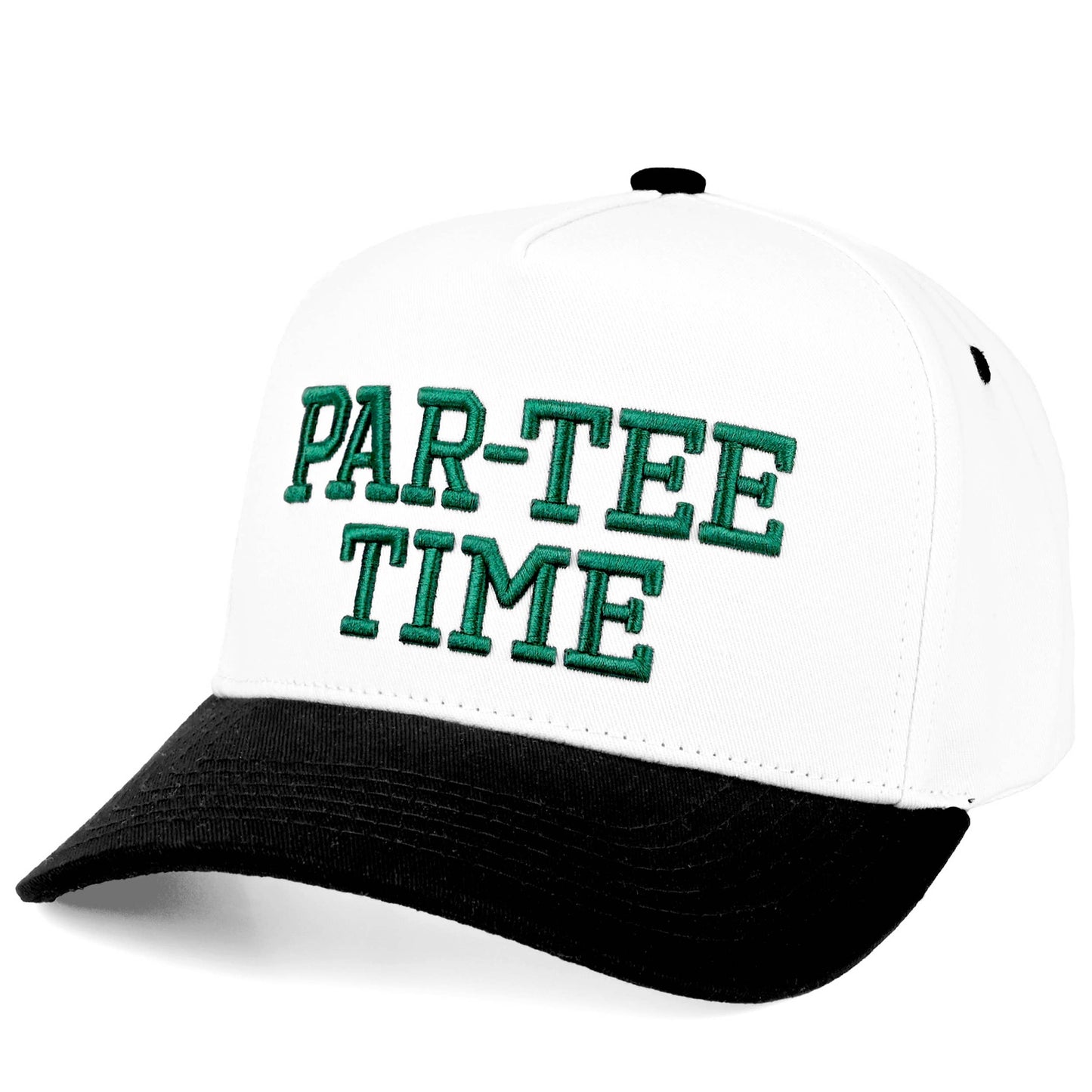 C.C PAR-TEE TIME Letter Embroidered on Two Tone Trucker Hat: Black