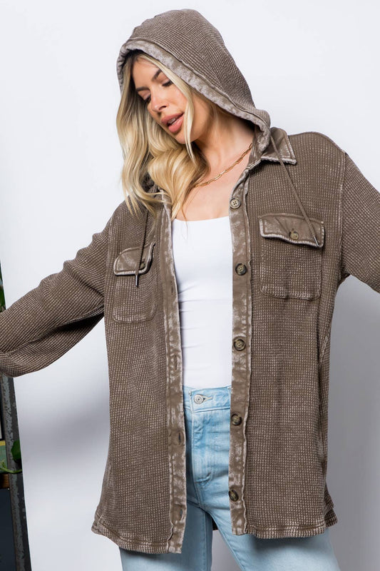Garment Dye Heavy Waffle Knit Hoodie Shacket: Mocha