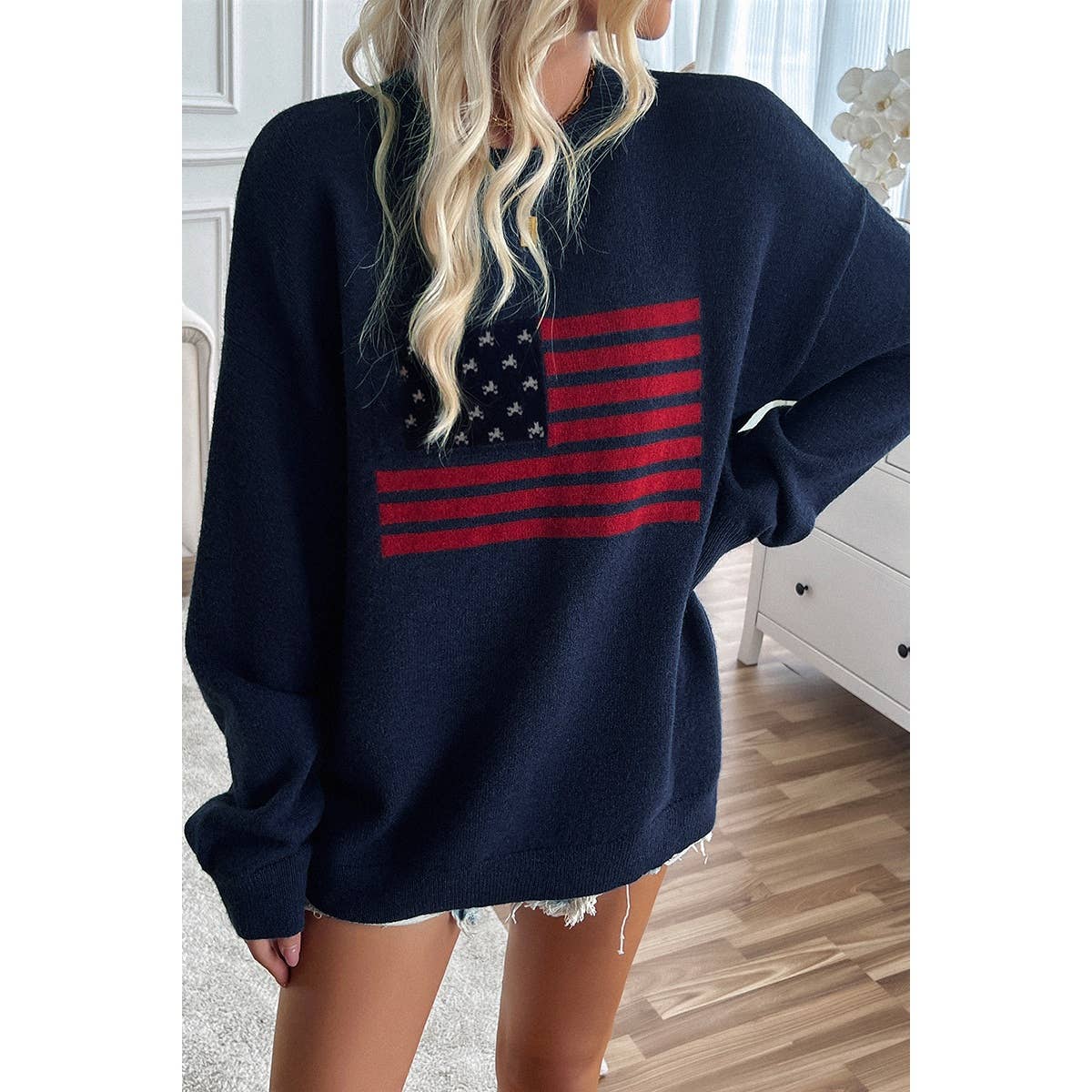 Knit Round Neck Flag Print Loose Fit Sweater: BEIGE / L