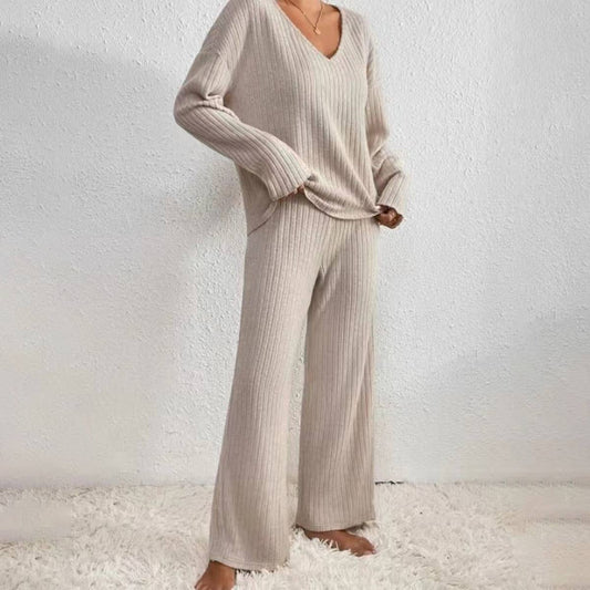 V-NECK LOOSE CASUAL PIT STRIP LONG SLEEVE SUIT: APRICOT / (M) 1