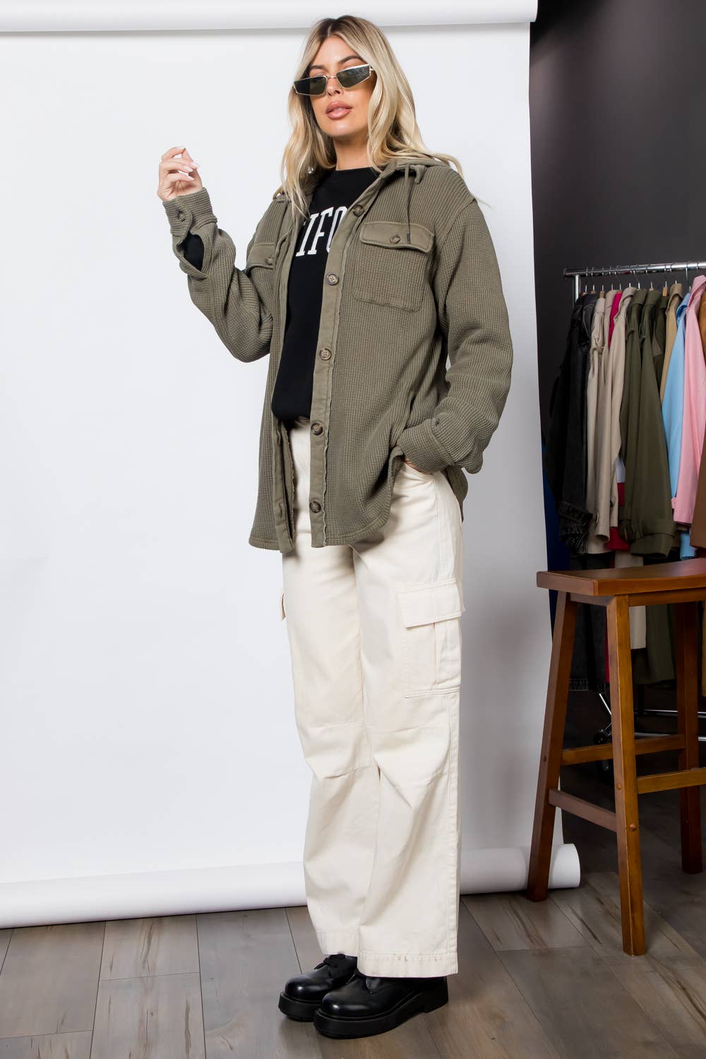 Garment Dye Heavy Waffle Knit Hoodie Shacket: Olive