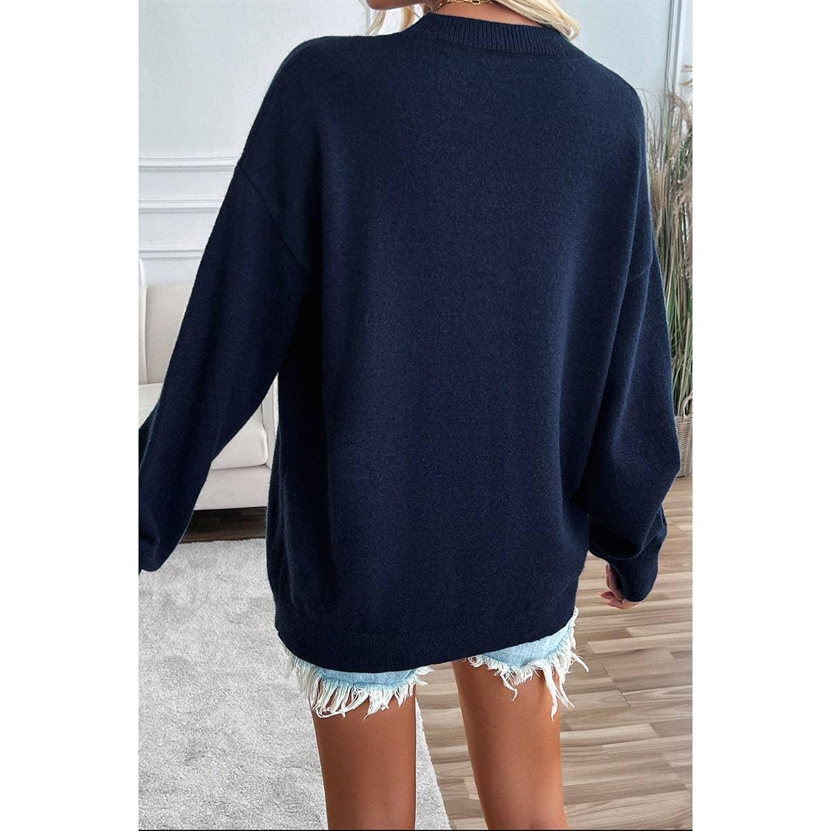 Knit Round Neck Flag Print Loose Fit Sweater: BEIGE / L