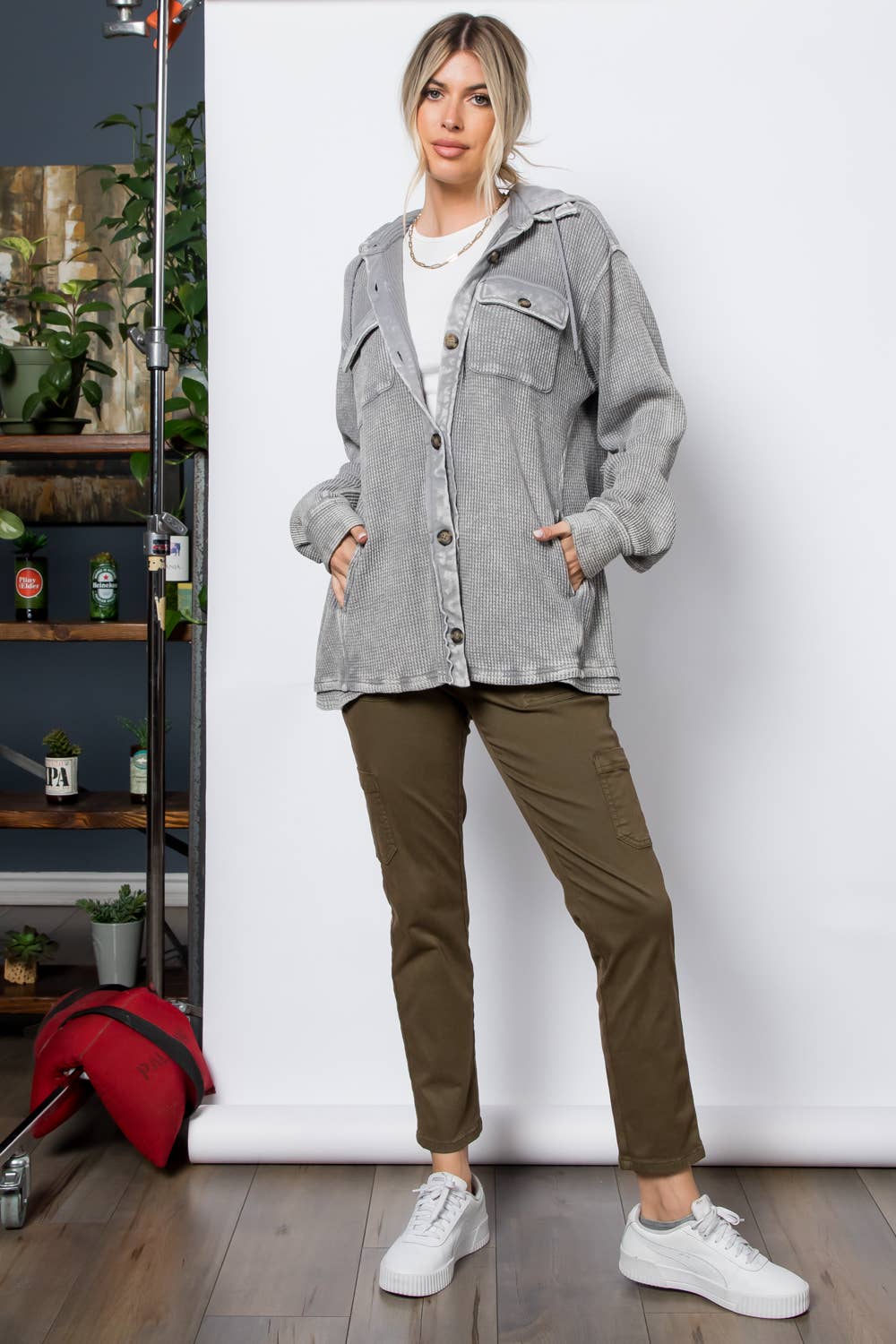Garment Dye Heavy Waffle Knit Hoodie Shacket: Grey