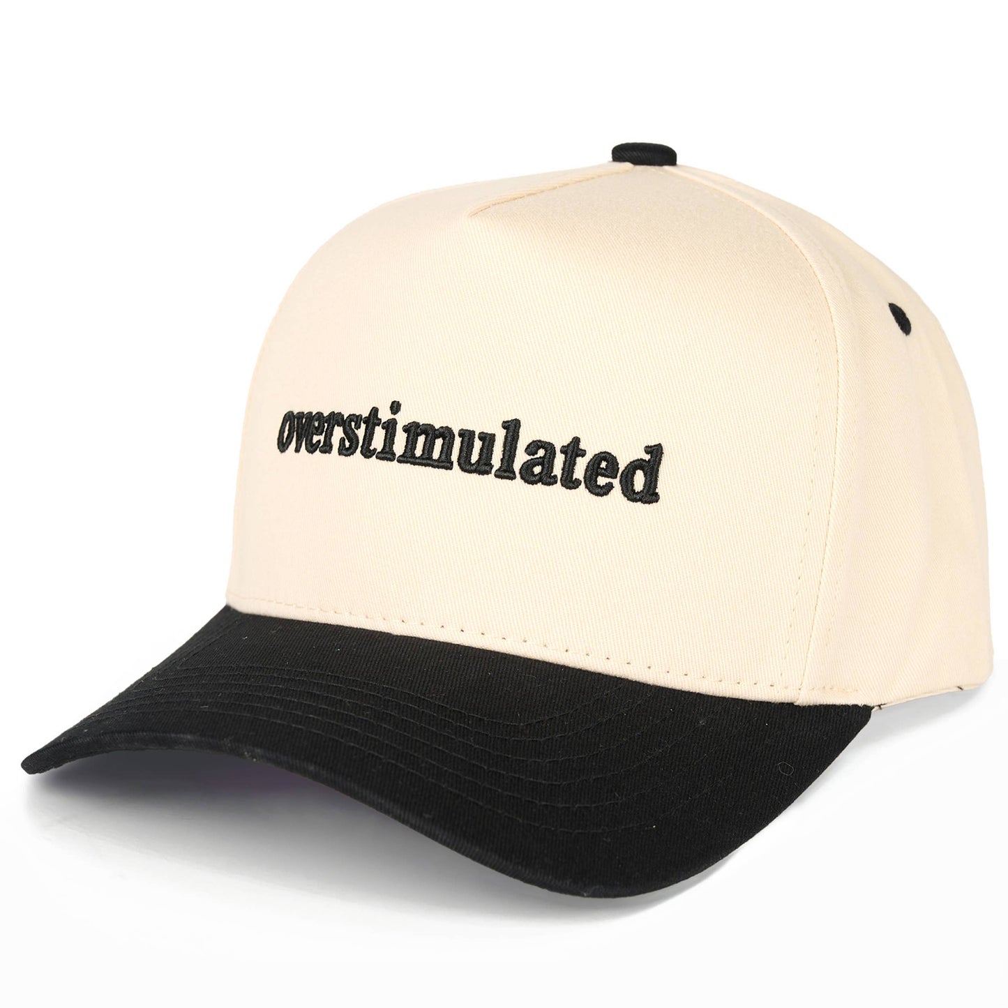 C.C OVERSTIMULATED Letter Embroidered Two Tone Trucker Cap: Black