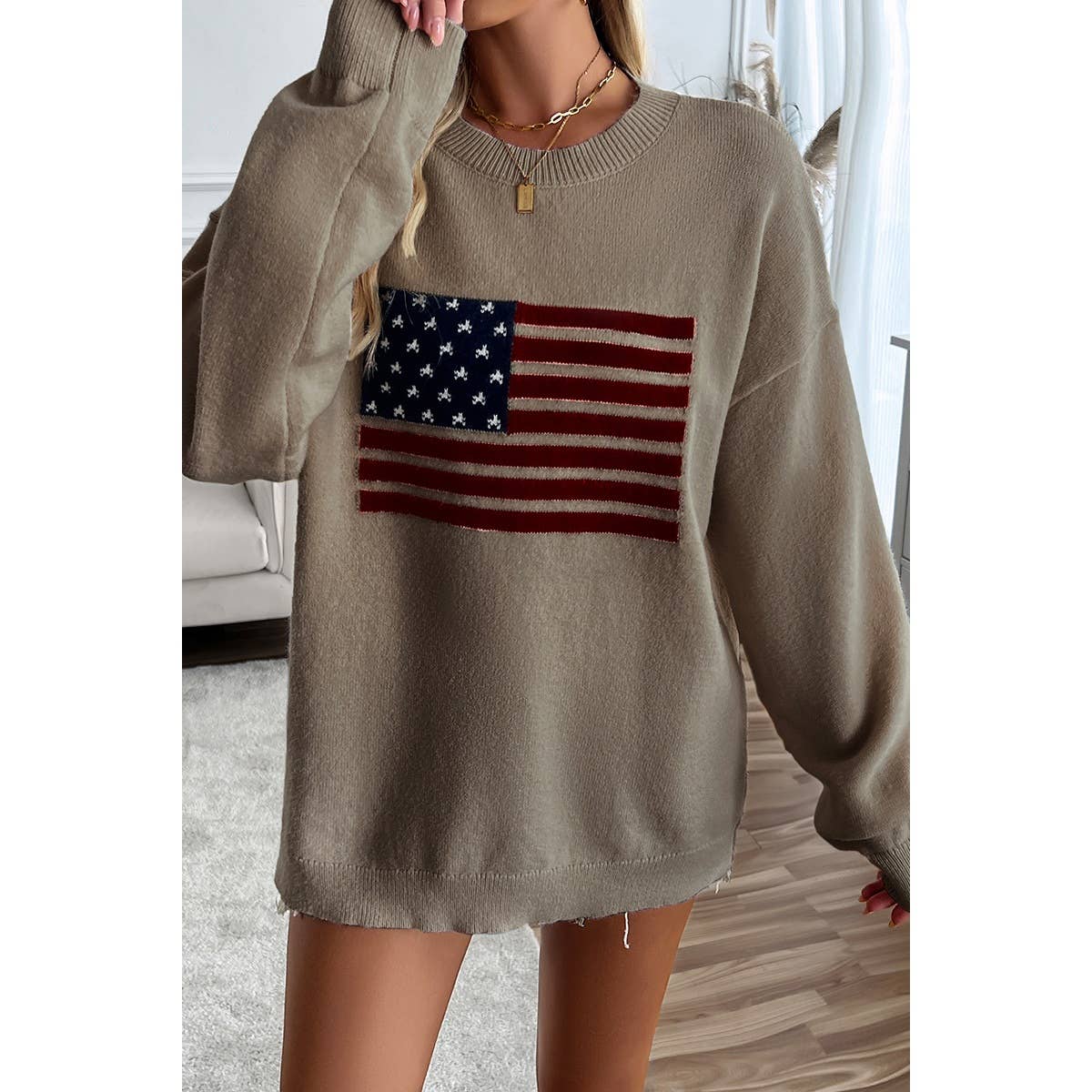 Knit Round Neck Flag Print Loose Fit Sweater: BEIGE / M