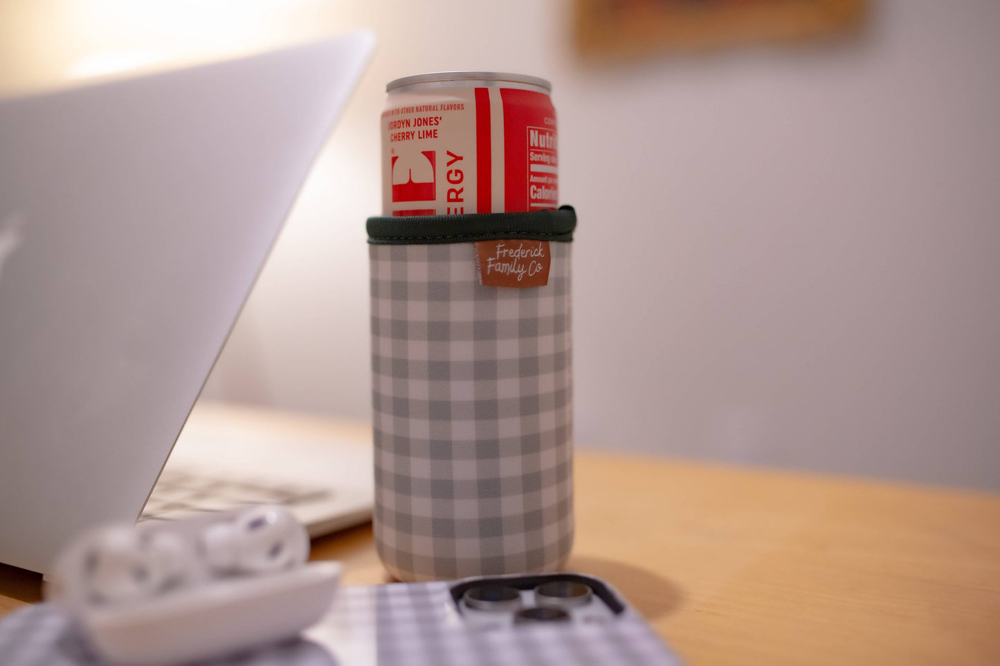 Slim Can Drink Sleeves- Reusable Neoprene Coolers with Aesthetic Patterns, 12oz Skinny Can Holder for Seltzer Energy Drinks: 14 green gingham