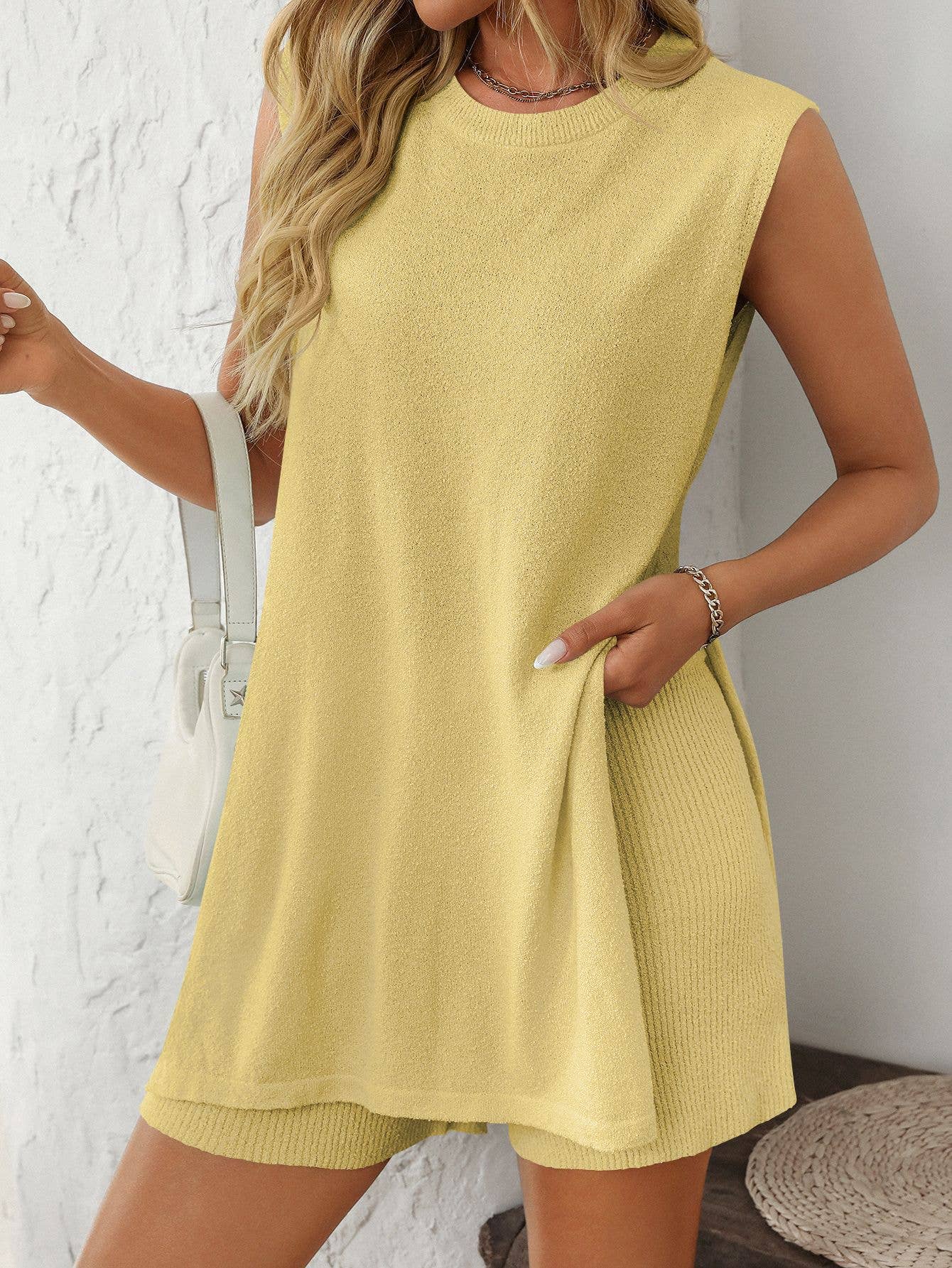 Knit Top Side Cut Out and Ribbed Shorts Set G5-SET233: Apricot / S