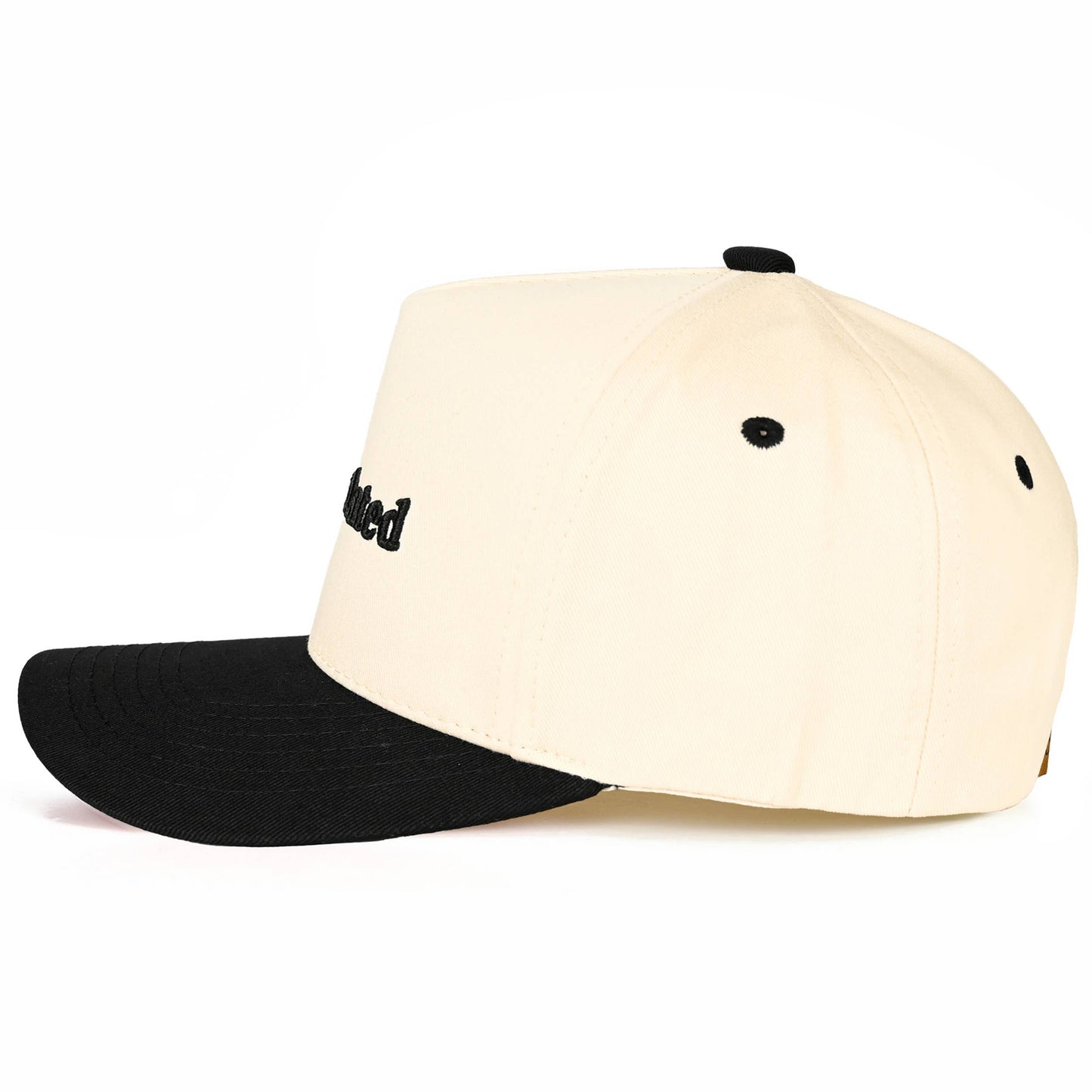C.C OVERSTIMULATED Letter Embroidered Two Tone Trucker Cap: Black