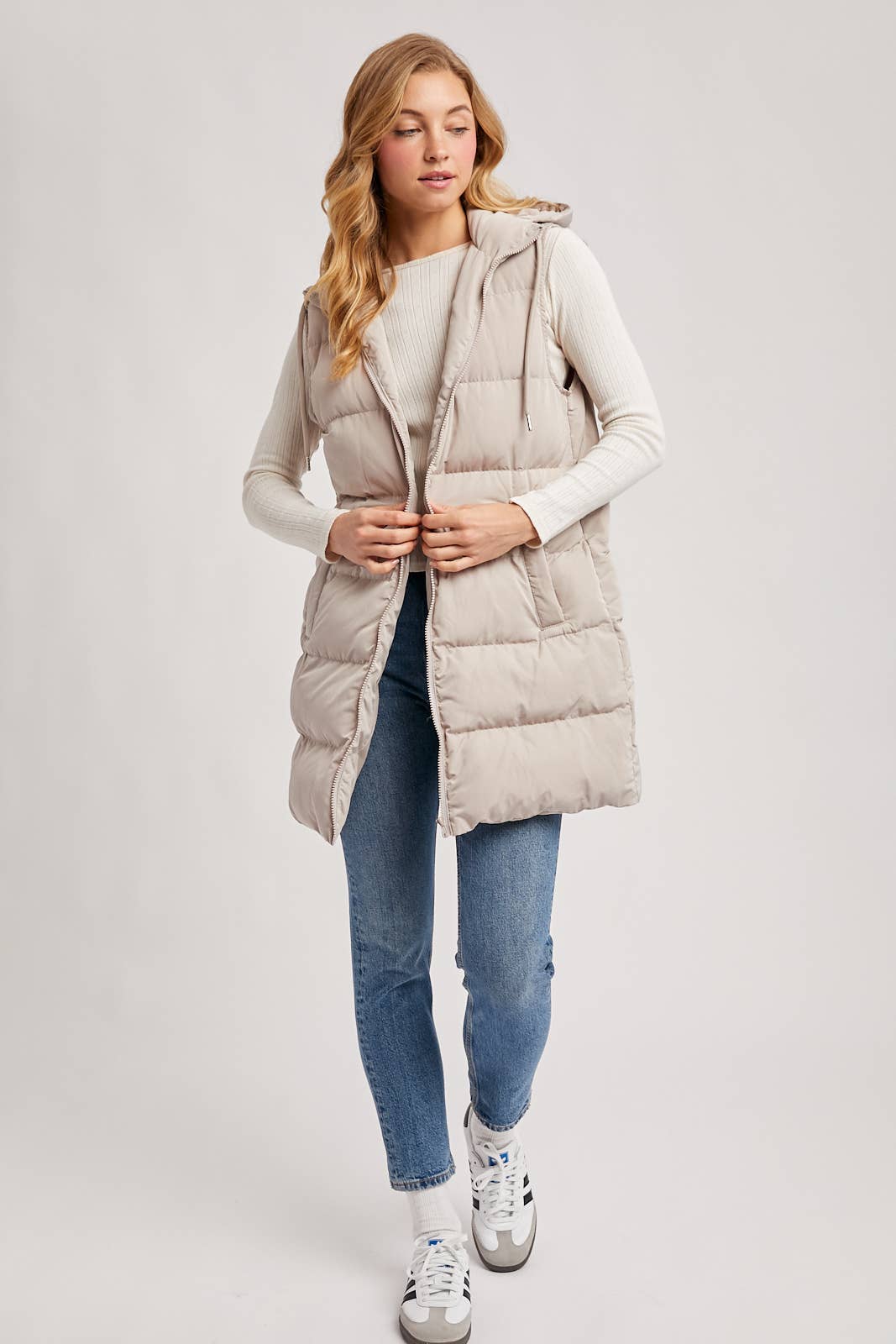HOODED ZIPPER DOWN LONGLINE PUFFER VEST: CHOCOLATE / L