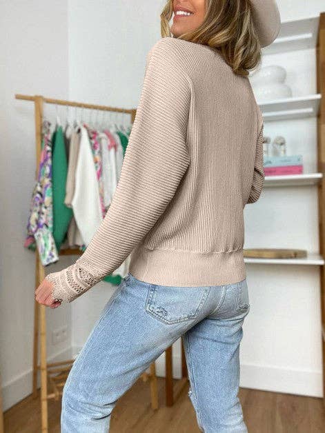 Woman Solid Lace Long Sleeve Striped Top: BLACK / S
