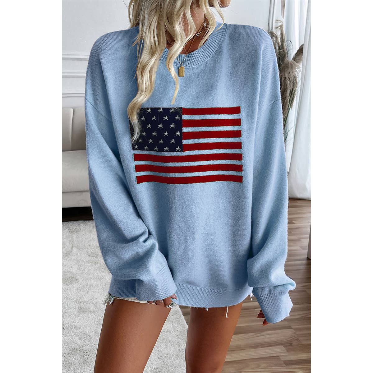 Knit Round Neck Flag Print Loose Fit Sweater: BEIGE / M