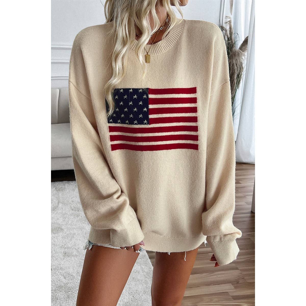 Knit Round Neck Flag Print Loose Fit Sweater: BEIGE / M