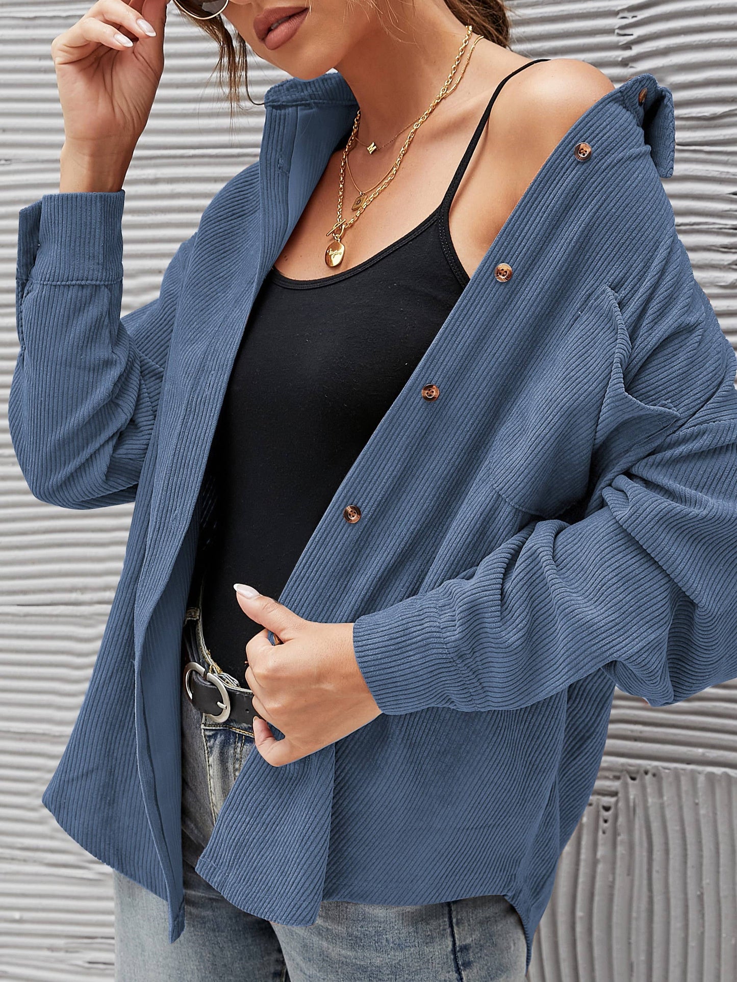 Corduroy Oversized Solid Shacket: Caramel / L