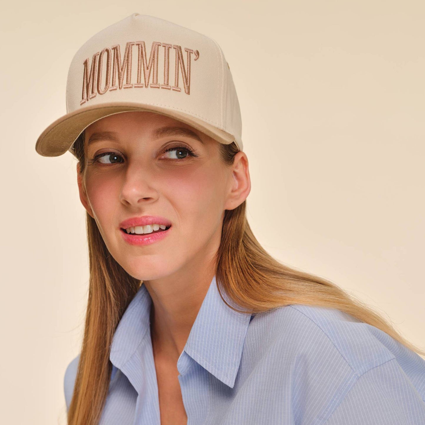C.C MOMMIN Letter Two Tone Trucker Cap: Beige