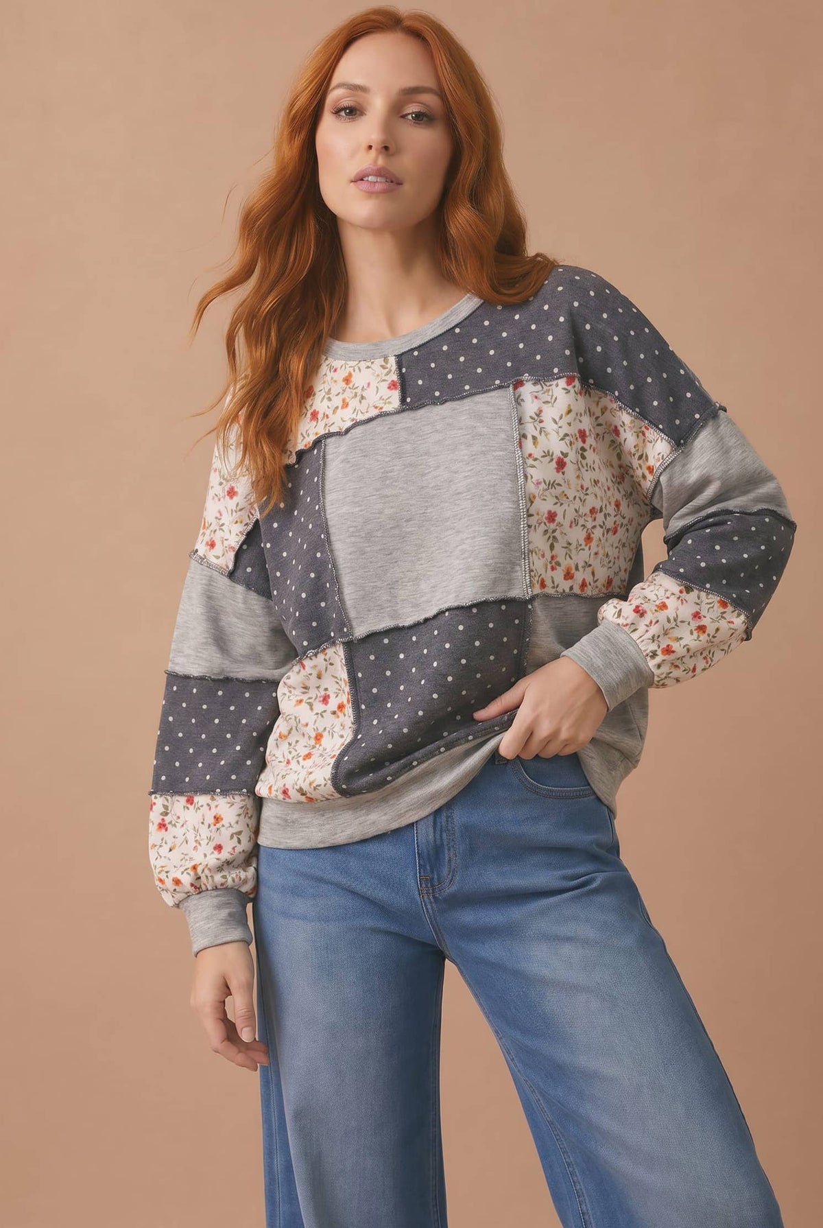 Round Neck Mixed Print Patchwork Pullover: GREY/CHARCOAL