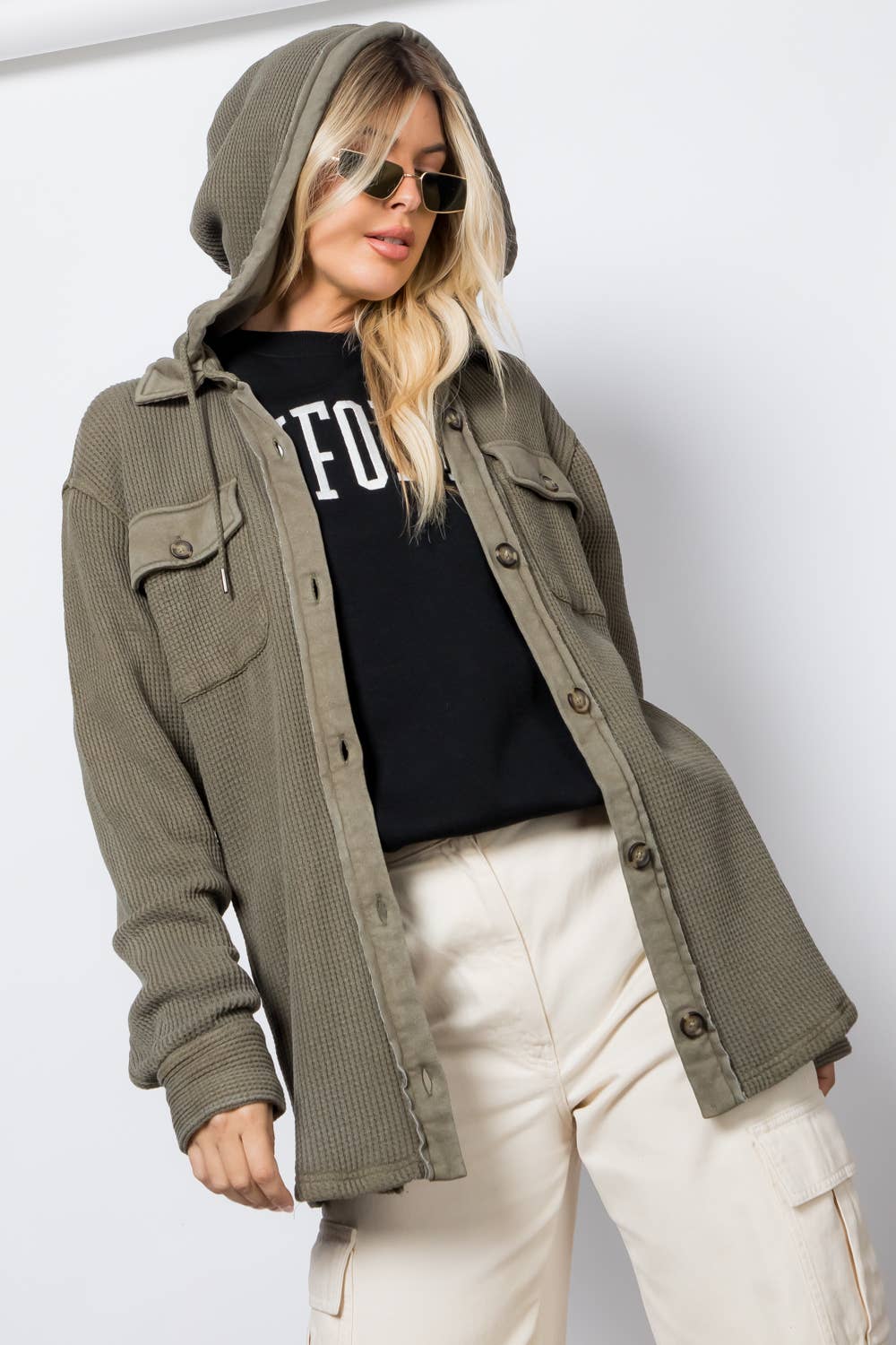 Garment Dye Heavy Waffle Knit Hoodie Shacket: Olive