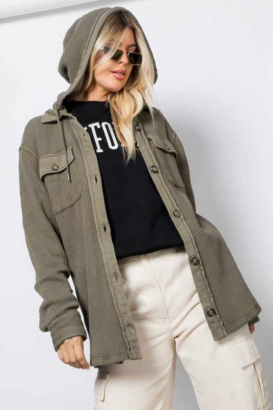 Garment Dye Heavy Waffle Knit Hoodie Shacket: Olive