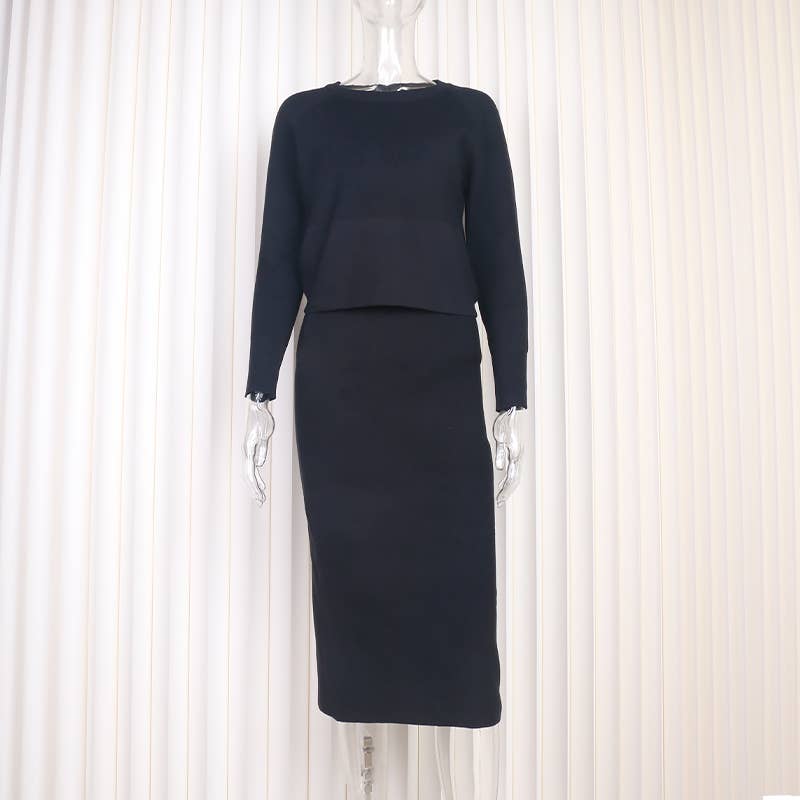 Solid Color Top & Skirt 2PCS Kintted Set Sweater Set HL7300: Brick / L