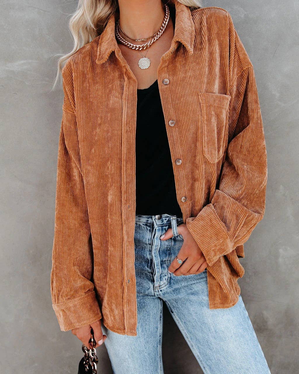 Corduroy Oversized Solid Shacket: Caramel / XL