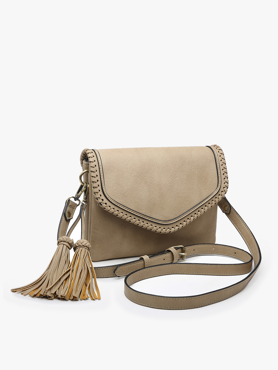 Sloane Flapover Crossbody w/ Whipstitch and Tassel | M1802A : Grey