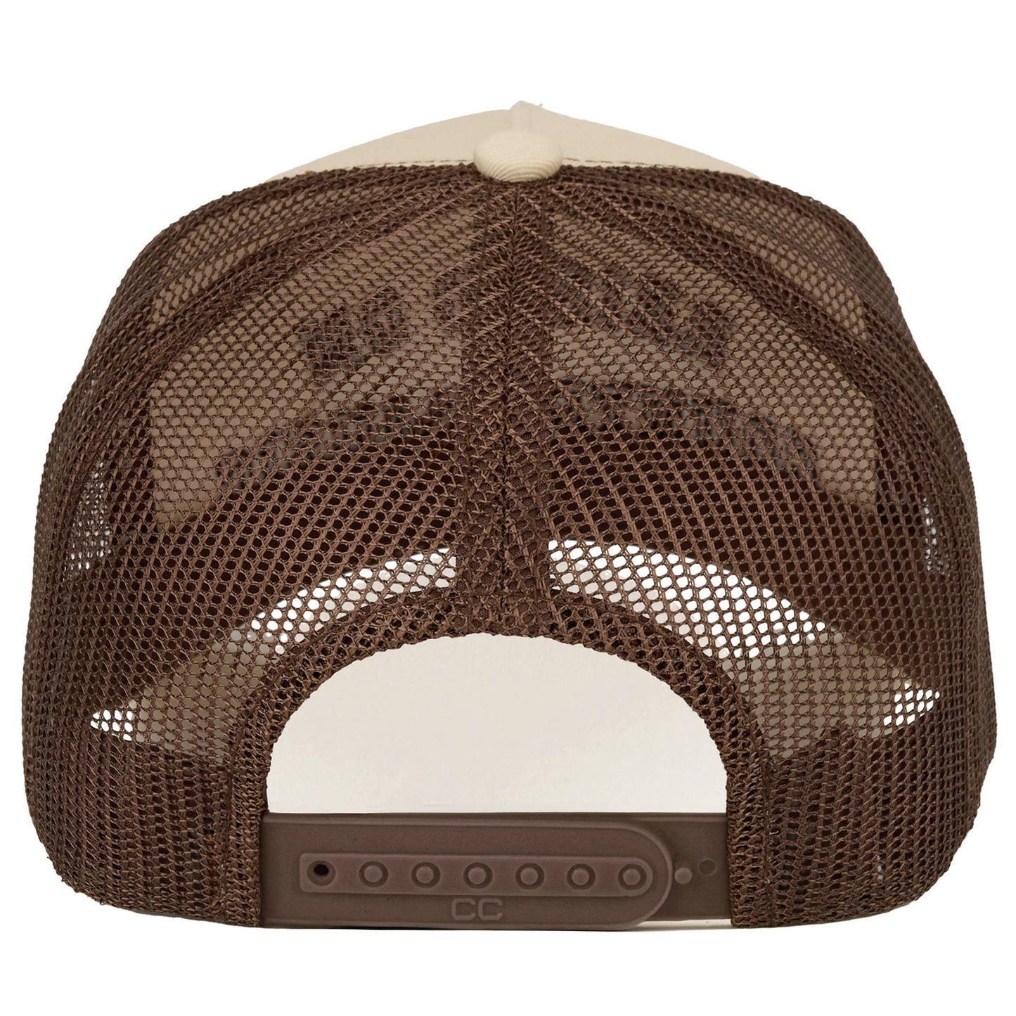 C.C RAISED ON COUNTRY MUSIC Letter on Two Tone Trucker Hat: Cream/Cream/Brown