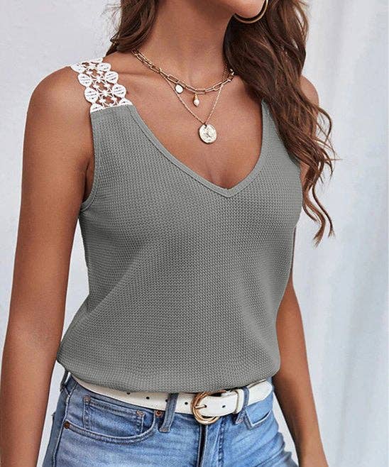 Solid Color Sleeveless V-Neck Ladies T-Shirt YC230528: Grey / L