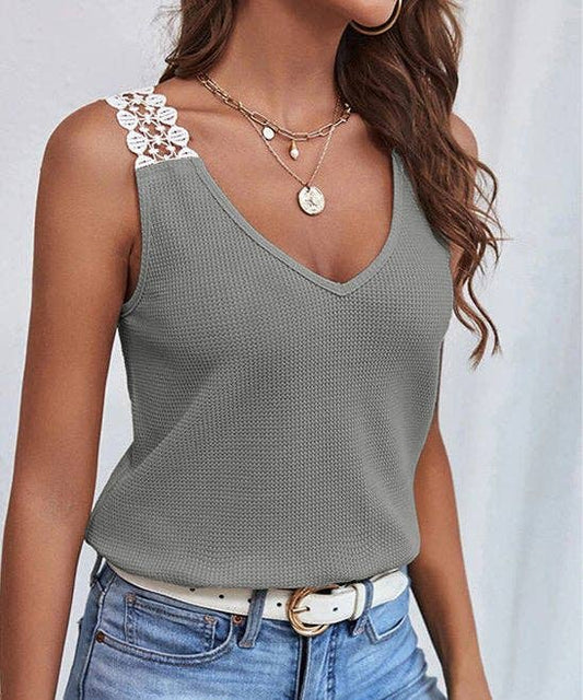 Solid Color Sleeveless V-Neck Ladies T-Shirt YC230528: Grey / L
