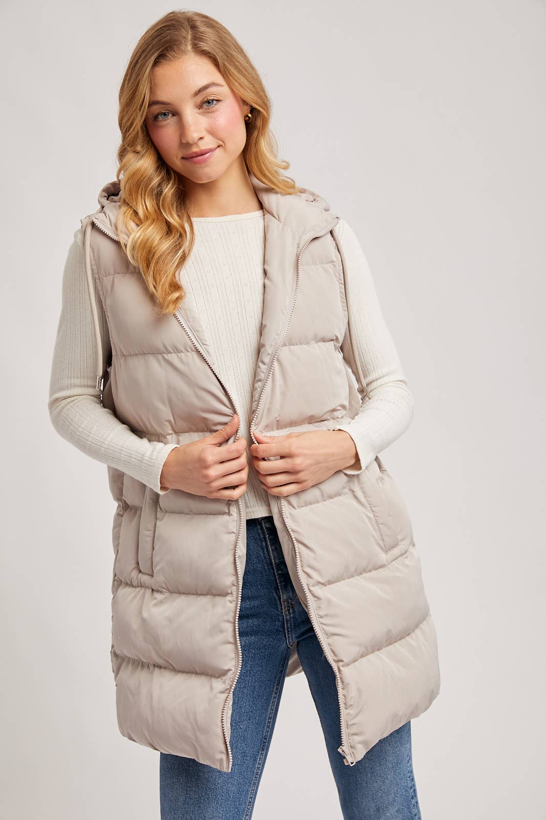 HOODED ZIPPER DOWN LONGLINE PUFFER VEST: CHOCOLATE / L