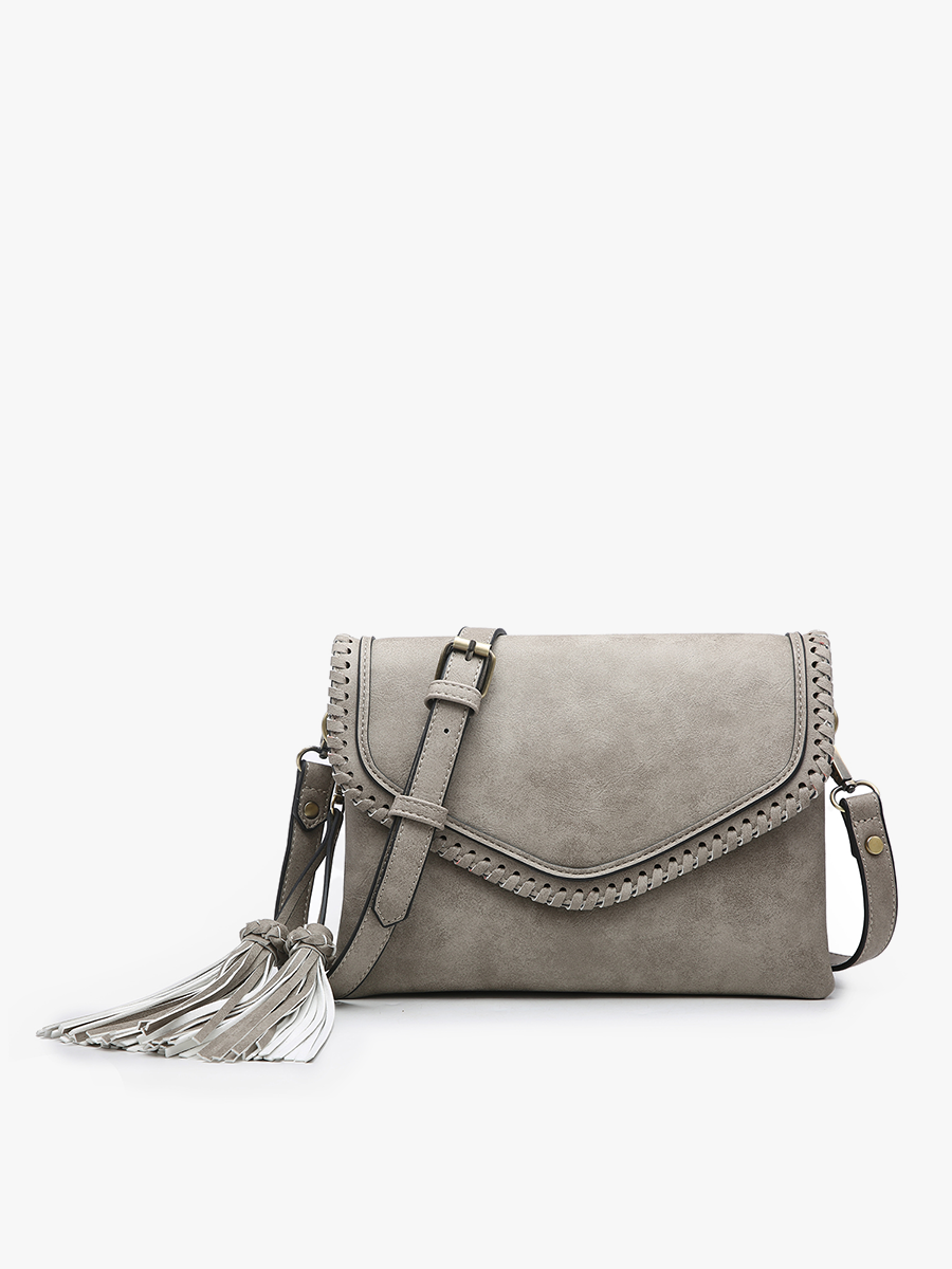 Sloane Flapover Crossbody w/ Whipstitch and Tassel | M1802A : Grey