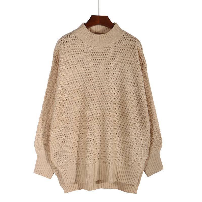Chunky knit side split  plain knit sweater jumper: Beige / XL