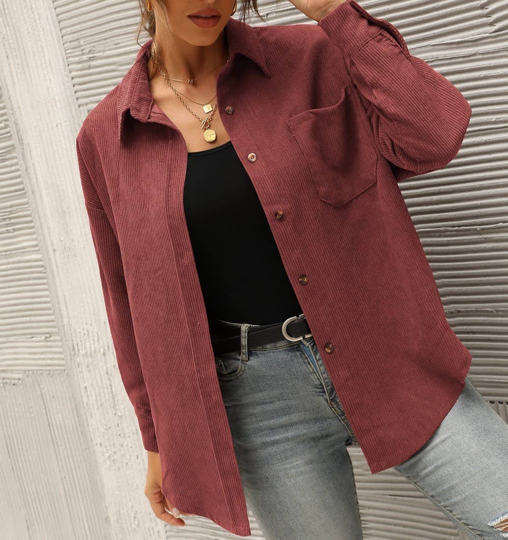 Corduroy Oversized Solid Shacket: Caramel / S