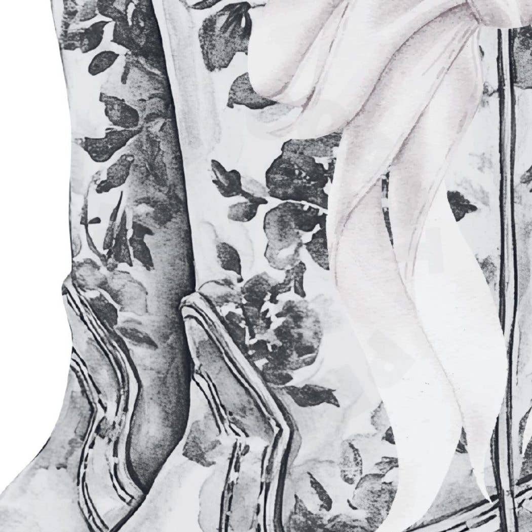 Floral Cowboy Boots With White Bow Wall Art Monotone Print: 12″ x 18″