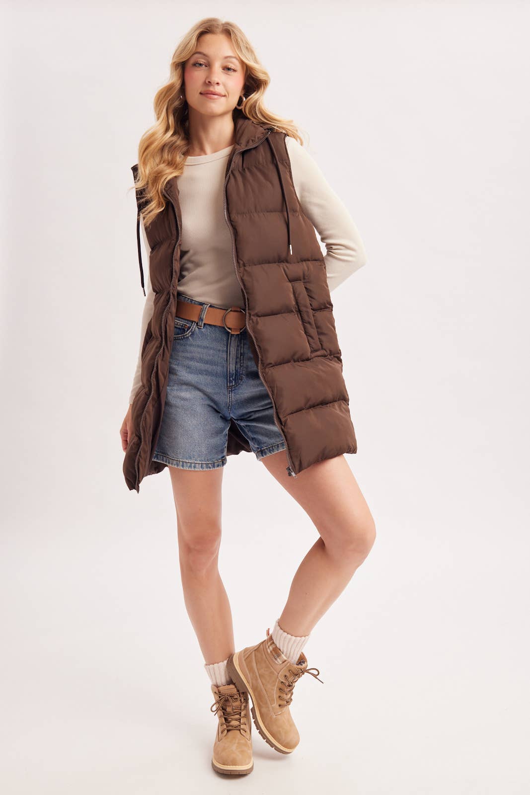 HOODED ZIPPER DOWN LONGLINE PUFFER VEST: CHOCOLATE / M
