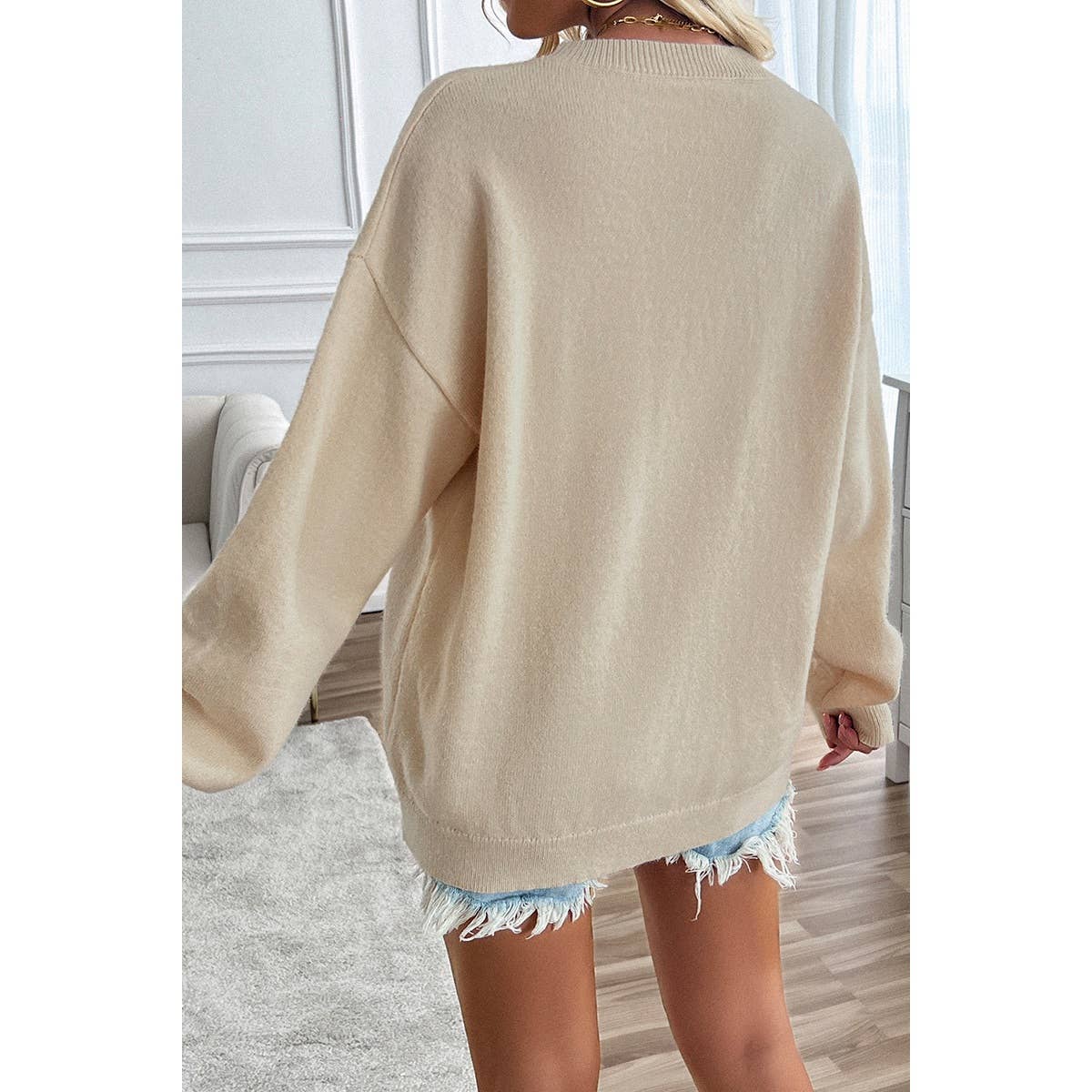 Knit Round Neck Flag Print Loose Fit Sweater: BEIGE / M