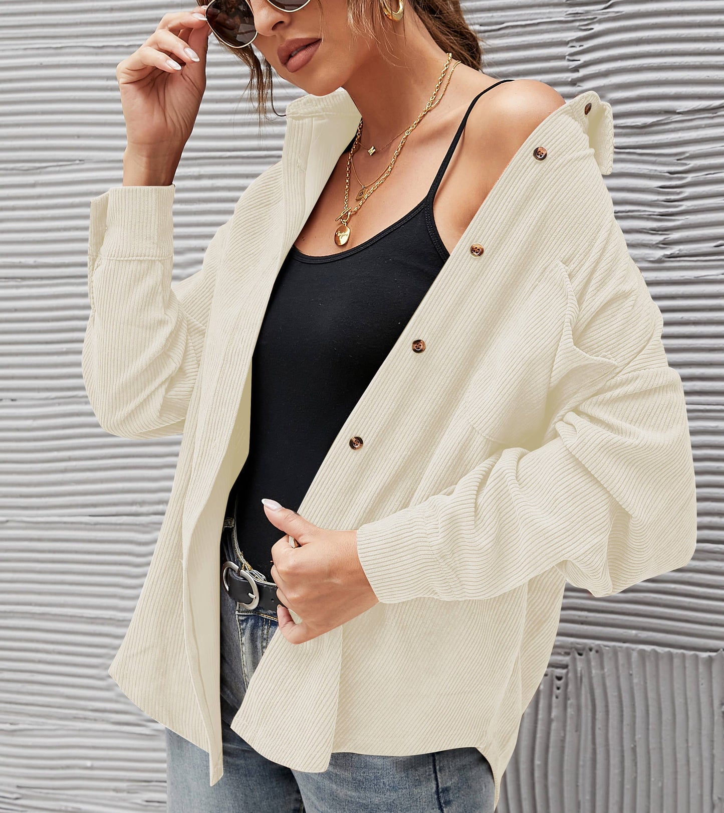 Corduroy Oversized Solid Shacket: Caramel / XL