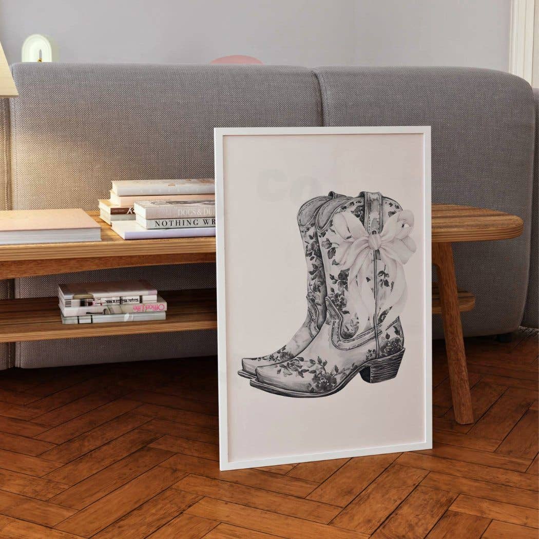 Floral Cowboy Boots With White Bow Wall Art Monotone Print: 12″ x 18″