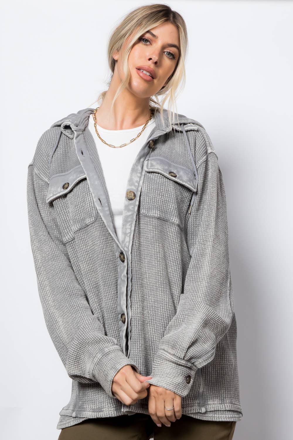 Garment Dye Heavy Waffle Knit Hoodie Shacket: Grey