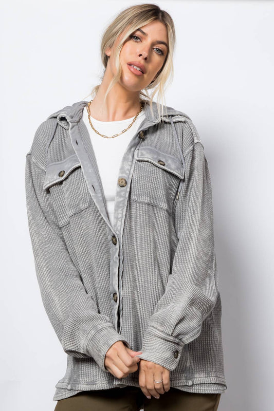 Garment Dye Heavy Waffle Knit Hoodie Shacket: Grey