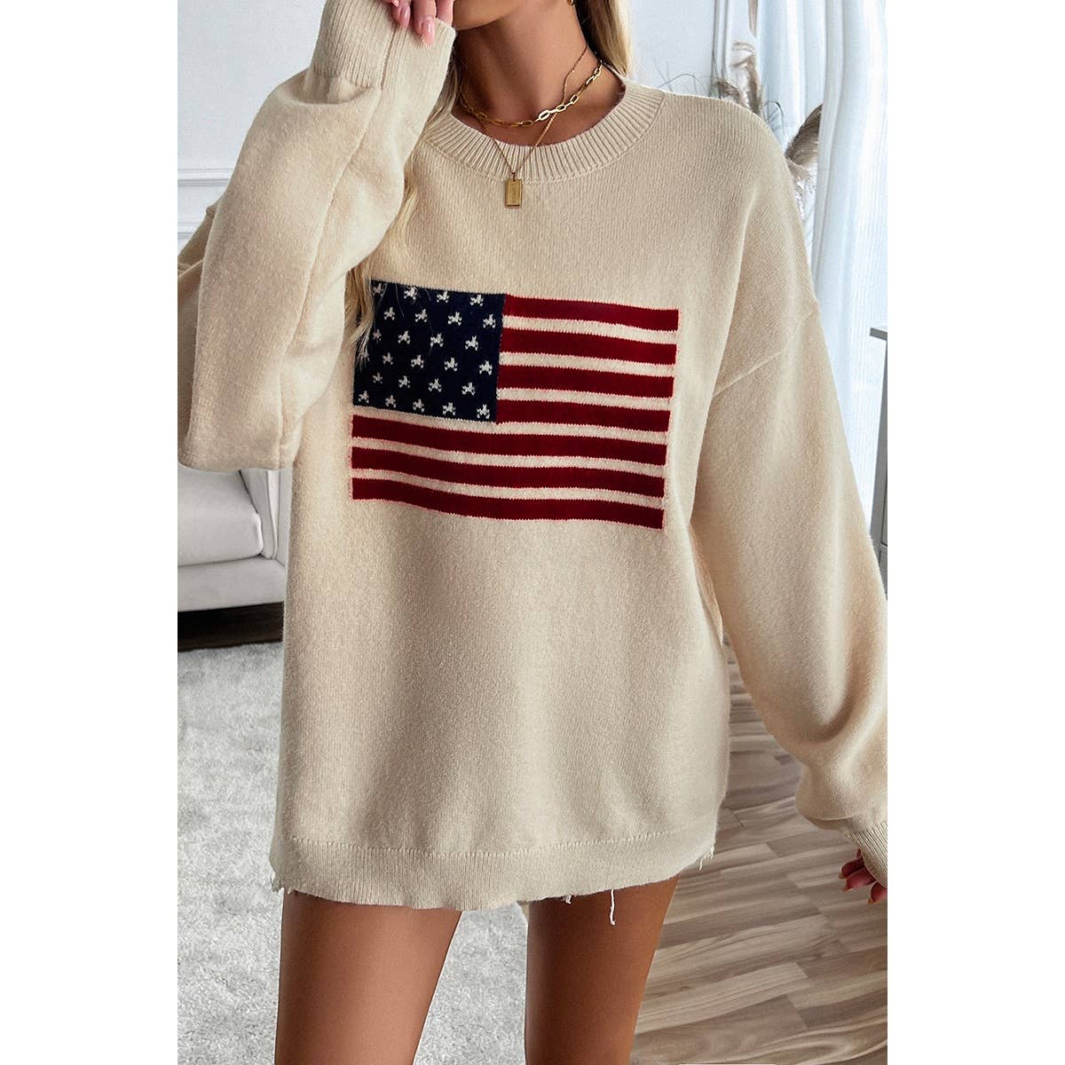 Knit Round Neck Flag Print Loose Fit Sweater: BEIGE / L