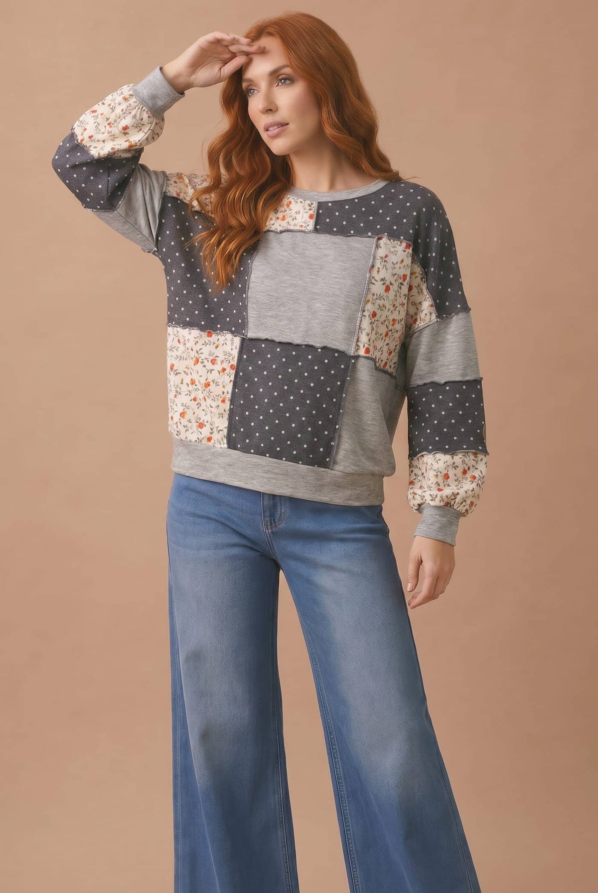 Round Neck Mixed Print Patchwork Pullover: GREY/CHARCOAL