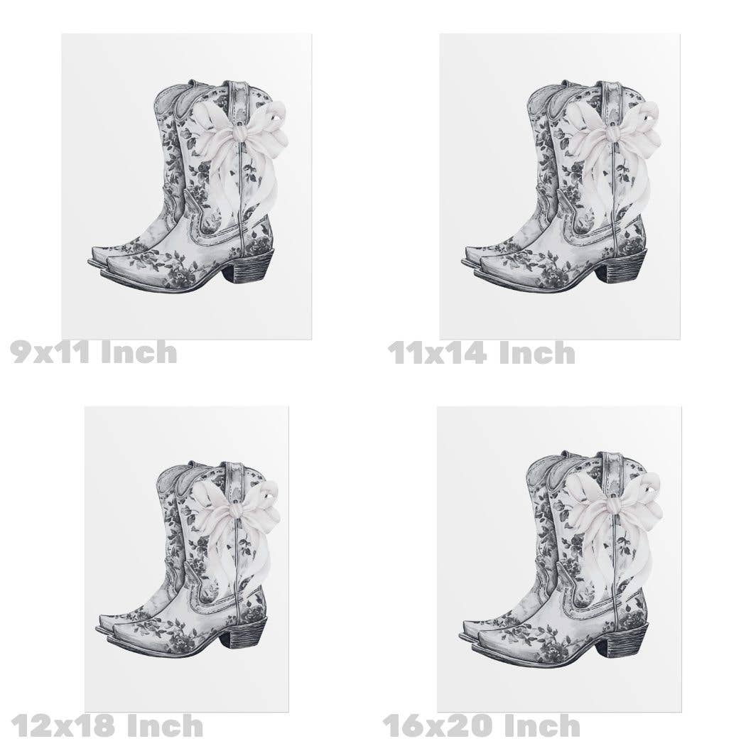 Floral Cowboy Boots With White Bow Wall Art Monotone Print: 12″ x 18″