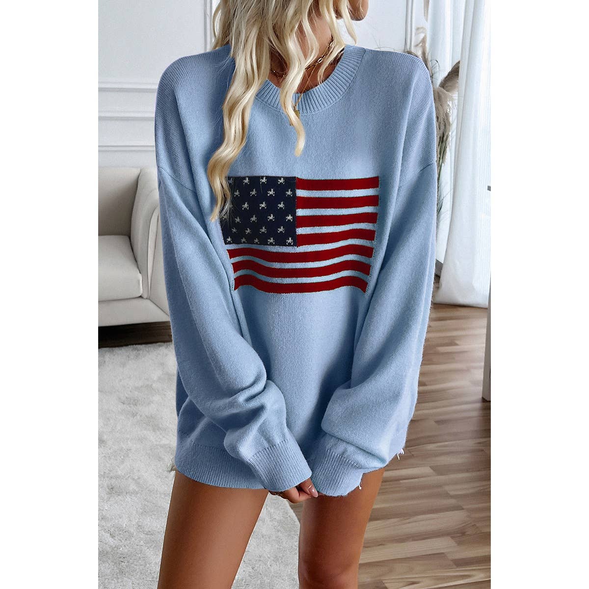 Knit Round Neck Flag Print Loose Fit Sweater: BEIGE / XL