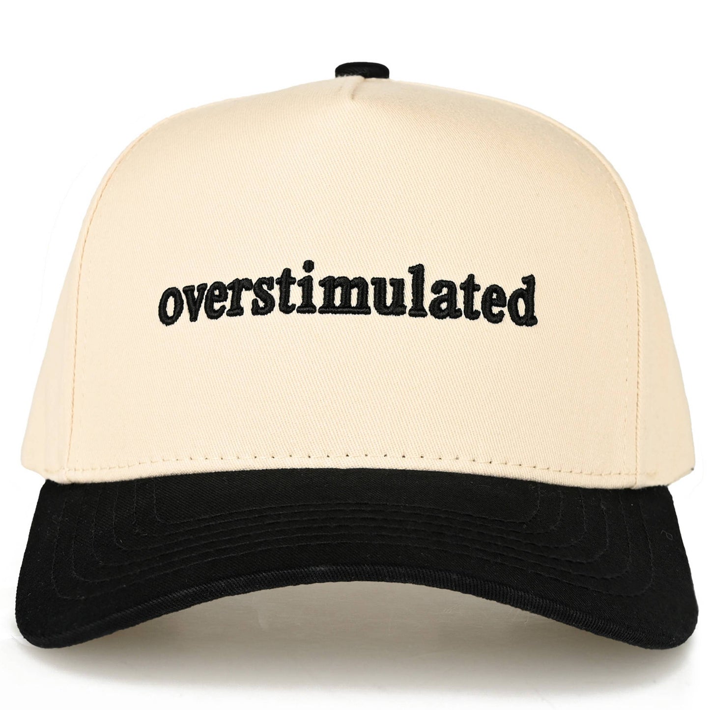 C.C OVERSTIMULATED Letter Embroidered Two Tone Trucker Cap: Black