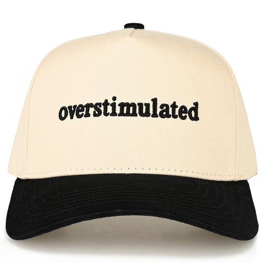 C.C OVERSTIMULATED Letter Embroidered Two Tone Trucker Cap: Black