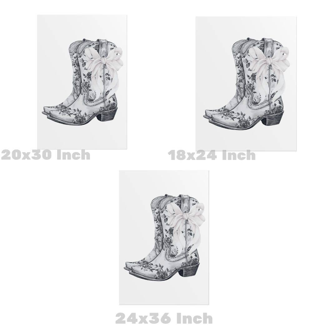 Floral Cowboy Boots With White Bow Wall Art Monotone Print: 12″ x 18″